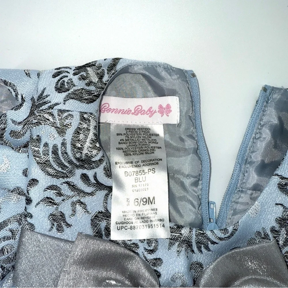 Bonnie Baby Tapestry Silver and Blue Floral Baby Dress with Bow - Picture 4 of 5